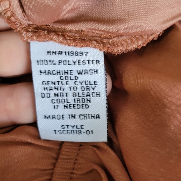 Eclair Tan Satin Feeling Round Neck Elastic Waist Long Sleeve Blouse - Picture 7 of 7